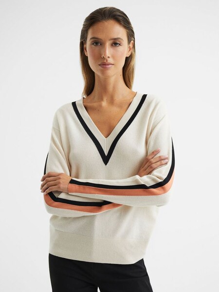 Colourblock Stripe V-Neck Jumper in Camel/Coral (D00278) | CHF 121