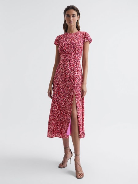 Printed Cut Out Back Midi Dress in Red (D00317) | $265