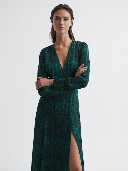 Long Sleeve Printed Midi Dress in Teal (D00318) | $113