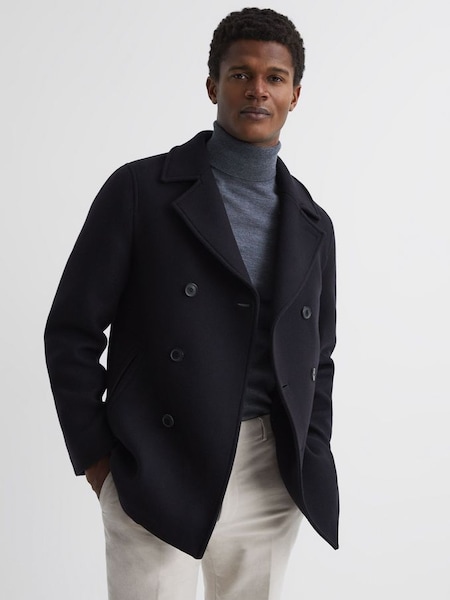 Shearling Mid Length Pea Coat in Navy (D00335) | $457