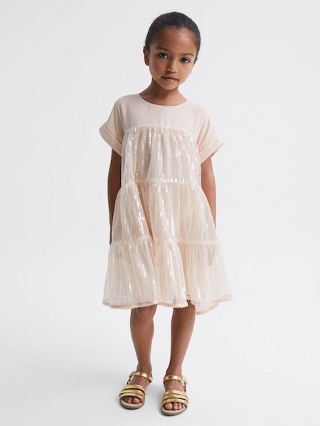 Junior Sequin Tiered Dress in Pale Pink (D03161) | $110