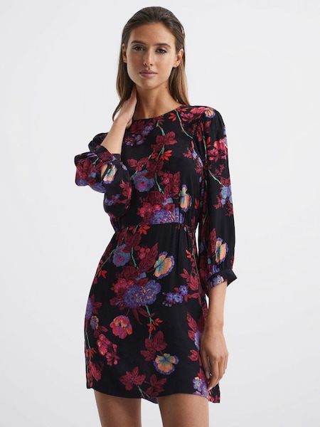 Fitted Floral Print Mini Dress in Black/Pink (D04376) | $196