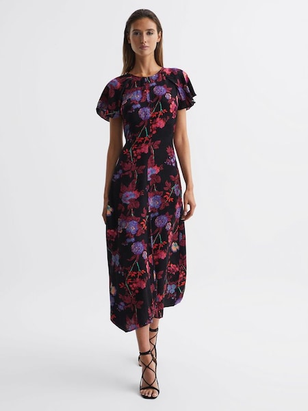Fitted Floral Print Midi Dress in Black/Pink (D04377) | $219
