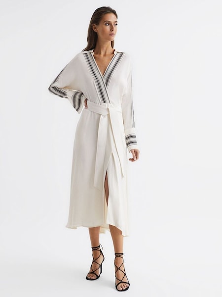 Side Stripe Tie Front Midi Dress in Ivory (D04378) | $242