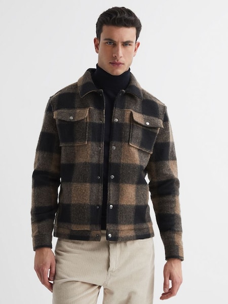 Long Sleeve Check Press-Stud Overshirt in Brown (D04886) | HK$1,930