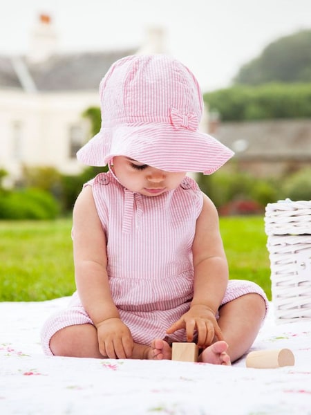Girls' & White Seersucker Stripe Floppy Sun Hat in Pink (D18299) | $19