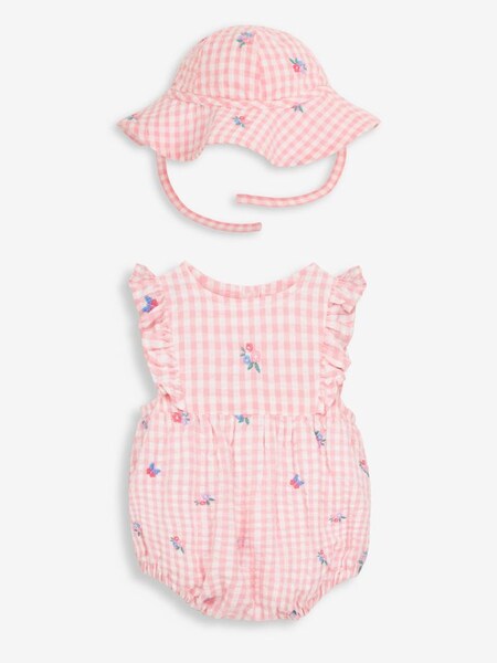 Gingham Embroidered Bubble Baby Romper & Hat Set in Pink (D18706) | €17.50