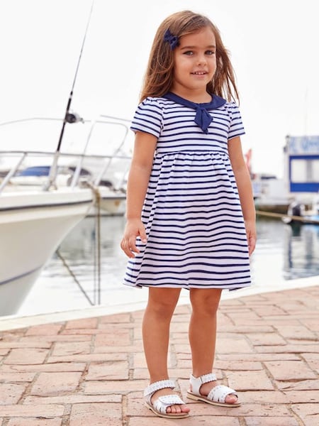 Girls' Striped Short Sleeve Sailor Dress in White Navy Stripe (D18718) | $31