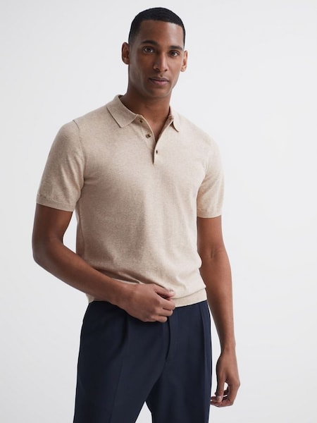 Slim Fit Knitted Polo Shirt in Oatmeal Melange (D20389) | €48