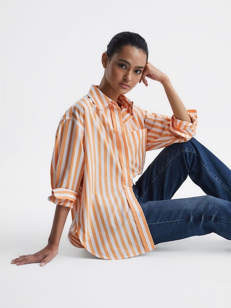 Relaxed Fit Striped Cotton Shirt in Orange/White (D20540) | $189