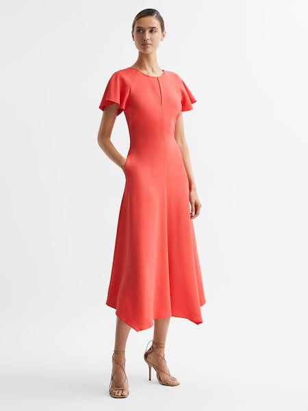 Tenger - Lange jurk in koraalrood met kapmouwtjes (D21809) | € 128