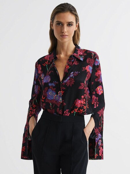 Floral Print Split Sleeve Shirt in Black/Pink (D28629) | €195