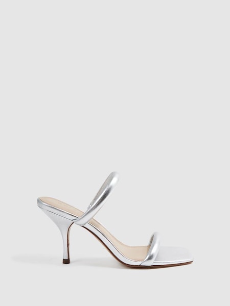 Leather Double Strap Heels in Silver (D28895) | $95
