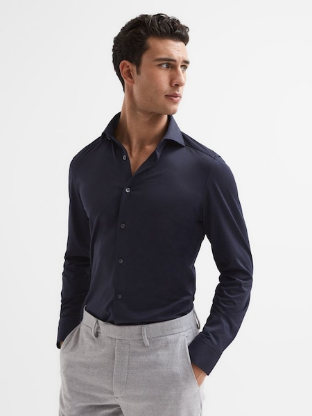 Cutaway Collar Jersey Slim Fit Shirt in Navy (D29784) | $195