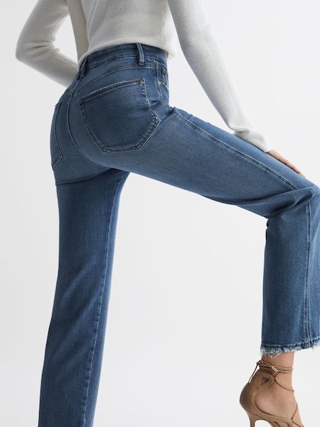 Good American Distressed Straight Leg Jeans in Mid Blue (D35772) | SAR 399