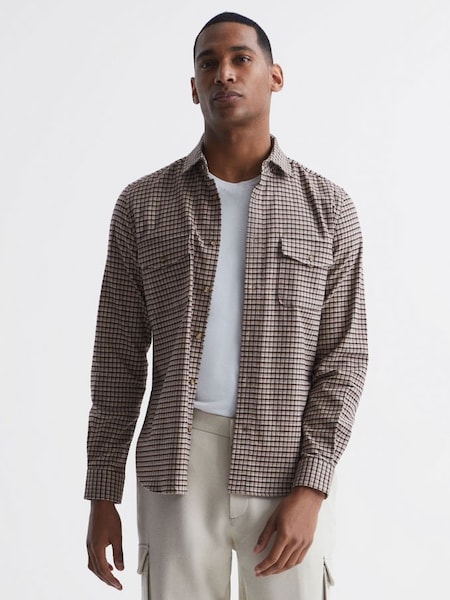 Long Sleeve Twin Pocket Checked Overshirt in Oatmeal (D36424) | CHF 50