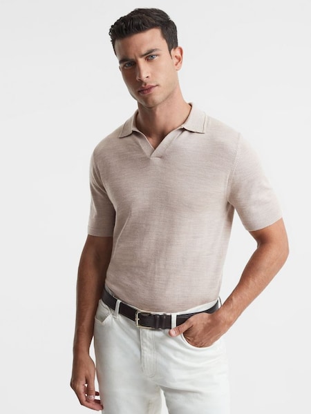 Merino Wool Open Collar Polo Shirt in Wheat Melange (D40803) | $88