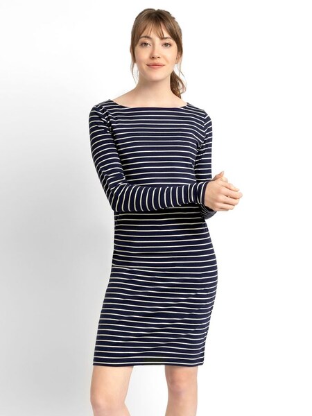 Navy & Ecru Stripe Boatneck Maternity & Nursing Dress in Navy Ecru Stripe (D40962) | $47