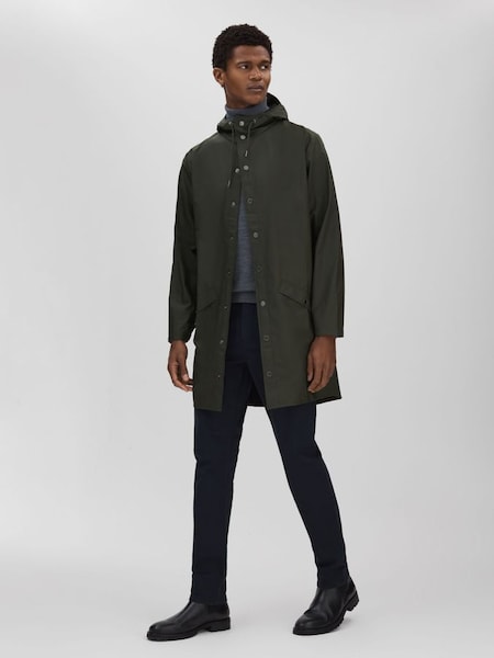 Rains Longline Hooded Jacket in Dark Green (D45998) | $150