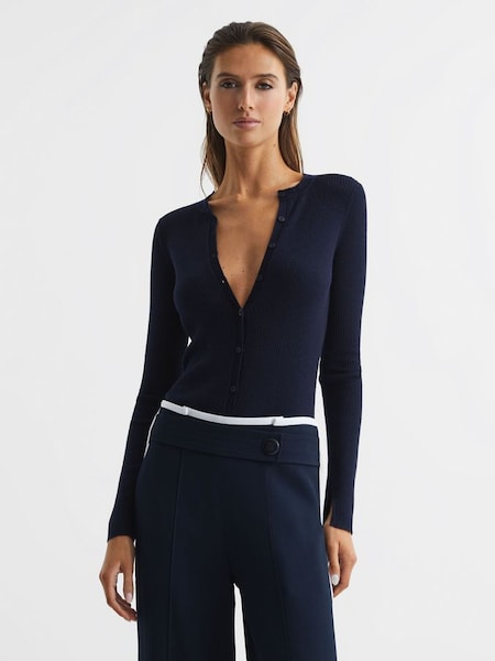 Silk Wool Blend Ribbed Cardigan in Navy (D46382) | CHF 64