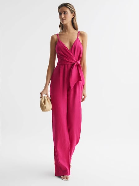Petite V-Neck Linen Jumpsuit in Pink (D46388) | $188