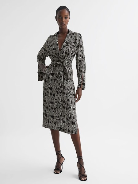 Midi-jurk met swirlprint in crème/zwart (D48806) | € 92