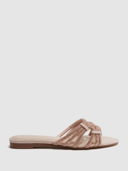Suede Embellished Flat Sandals in Nude (D49982) | $179