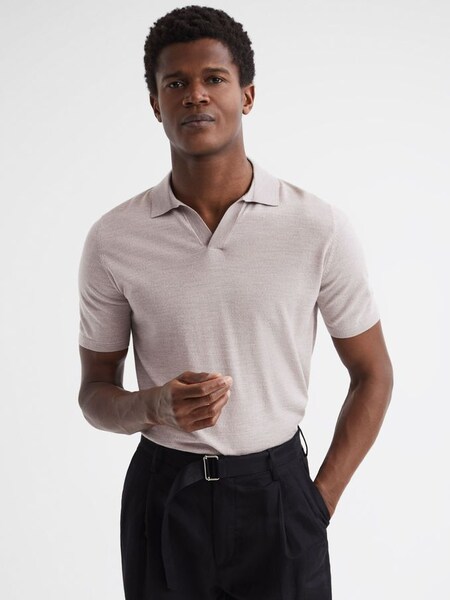 Open Collar Silk Merino Polo Shirt in Oatmeal (D50997) | €79