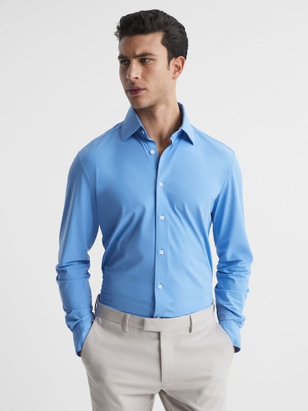 Slim Fit Button-Through Travel Shirt in Soft Blue (D51011) | $260