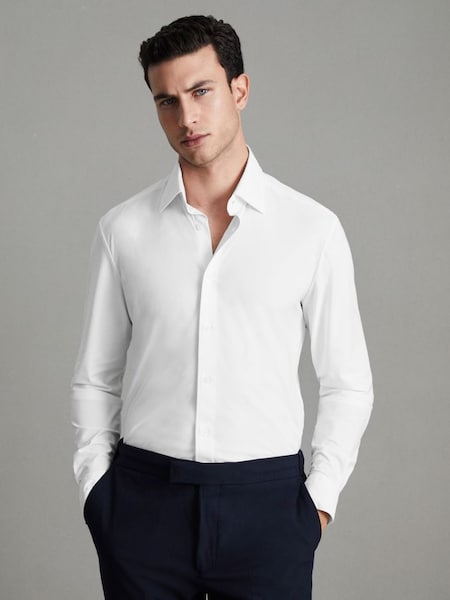 Slim Fit Button-Through Travel Shirt in White (D51012) | $260
