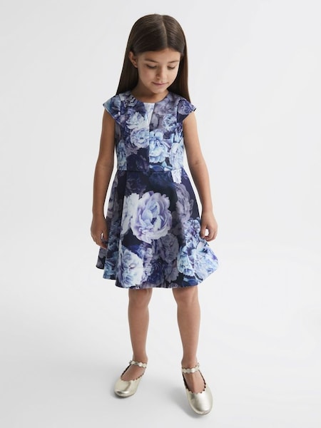 Junior Floral Printed Scuba Dress in Blue (D51059) | $56