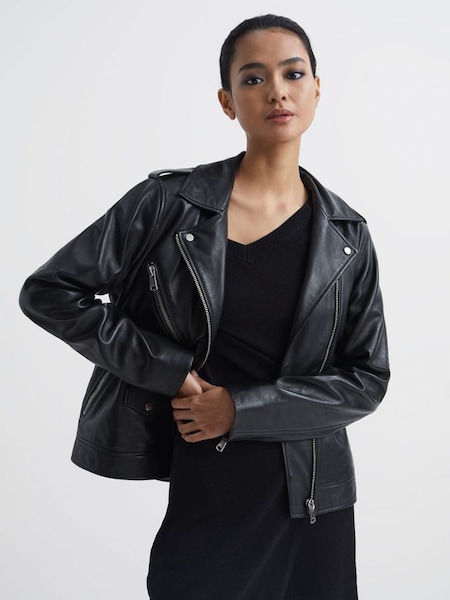 Oversized Leather Biker Jacket in Black (D51077) | $387