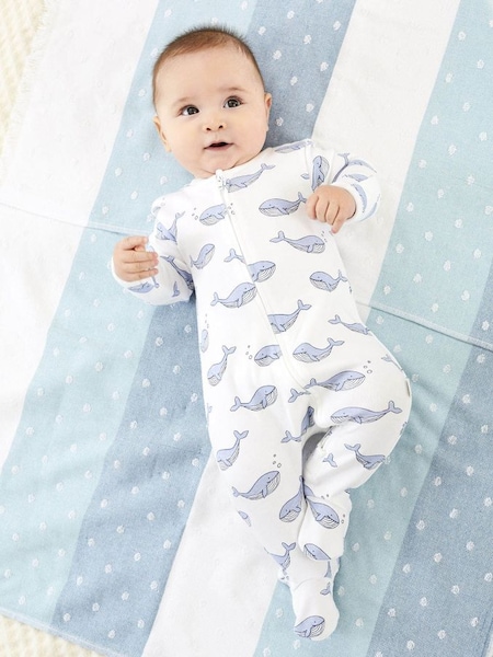 Blue Whale Print Zip Cotton Baby Sleepsuit (D51873) | €26