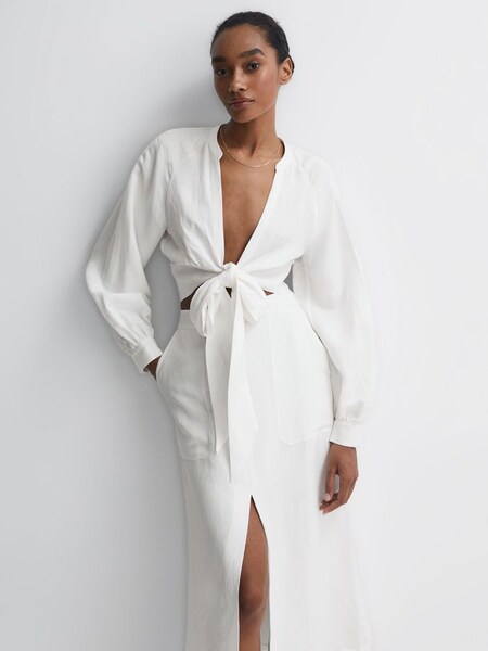 Tie Front Cropped Blouse in White (D52470) | $120