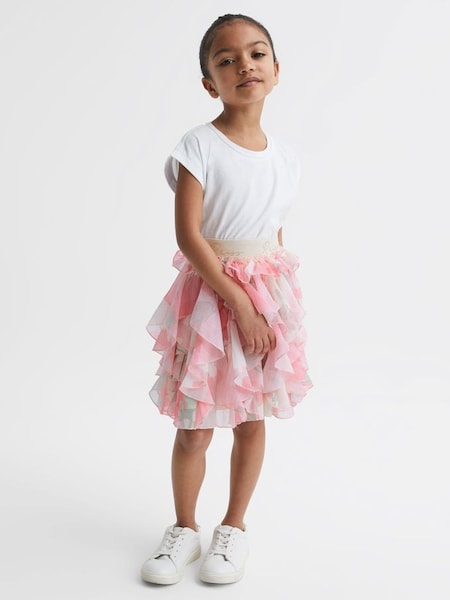 Junior Ruffle Tulle Skirt in Pink Print (D54747) | $70