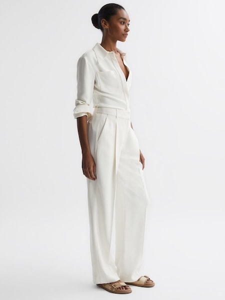 Wide Leg Pleated Trousers in Cream (D54768) | $350
