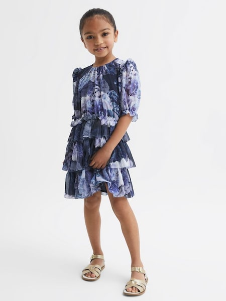 Junior Printed Tiered Dress in Blue Print (D54771) | €56