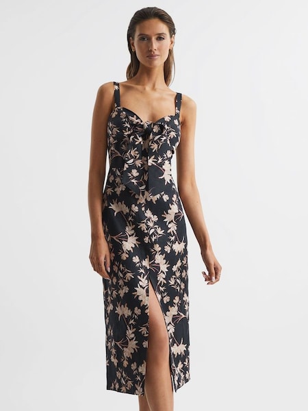 Petite Floral Print Linen Midi Dress in Black/Blush (D54781) | $177