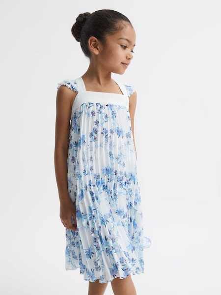 Junior Floral Printed Pleated Dress in Blue Print (D54784) | $100