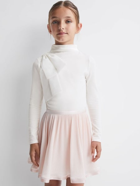 Junior Cotton Bow Funnel Neck T-Shirt in Ivory (D55132) | €55