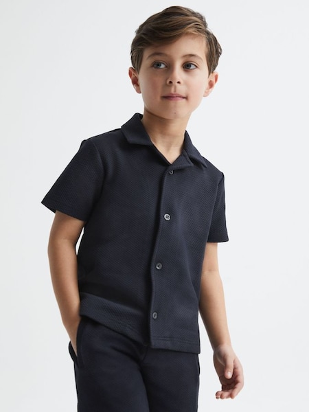 Junior Short Sleeve Cuban Collar Shirt in Navy (D55750) | $30