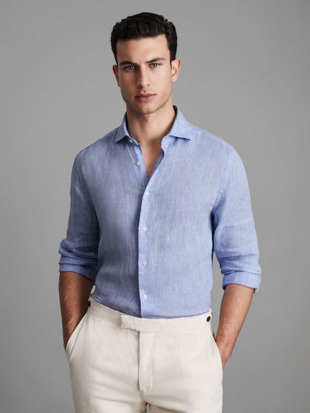 Linen Button-Through Shirt in Soft Blue (D55825) | $111