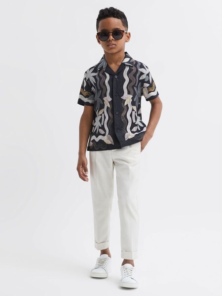 Senior Linen Floral Cuban Collar Shirt in Black (D56884) | $48