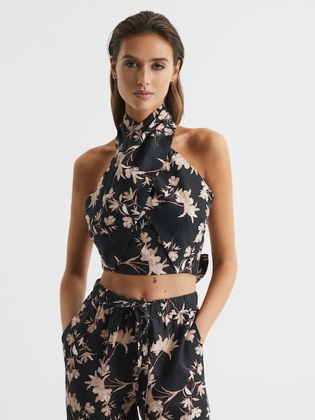 Printed Halter Neck Cropped Top in Black/Blush (D56897) | CHF 64