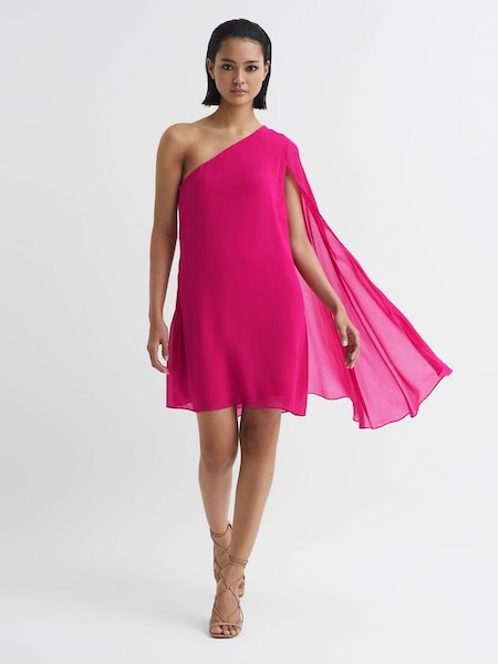 Roze mini-jurk met doorzichtige capemouwen (D57958) | € 115
