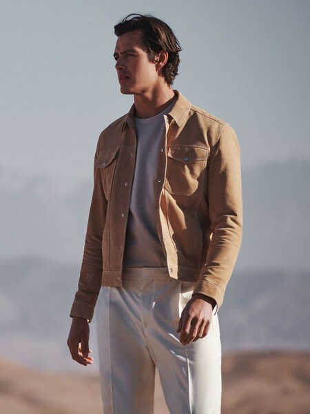 Suede Button-Through Trucker Jacket in Sand (D57969) | $436