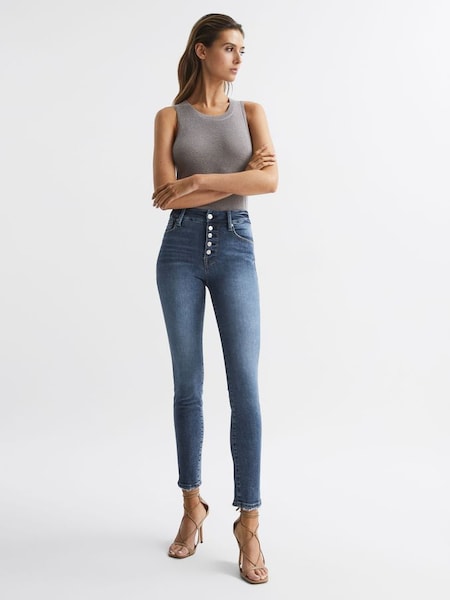 Good American Skinny-Jeans mit sichtbarem Knopf, Indigoblau (D60428) | 128 €