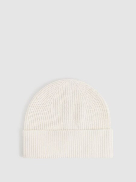 Merino Wool Ribbed Beanie Hat in Ecru (D61619) | $75