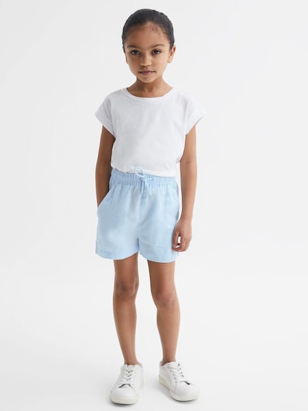 Junior Linen Drawstring Shorts in Ice Blue (D62098) | $35