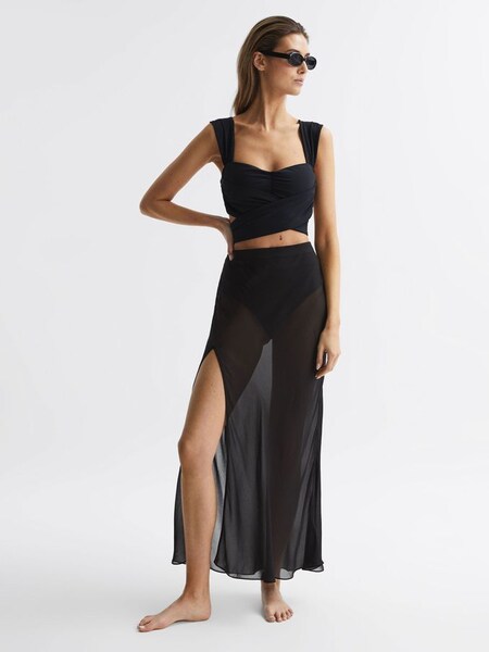 Sheer High Rise Midi Skirt in Black (D63017) | $182